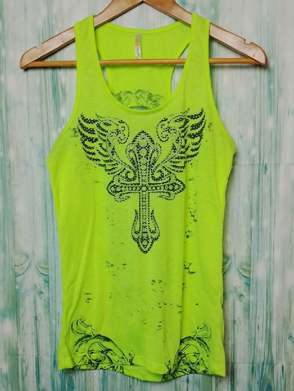 Women's Neon Yellow Graphic Tank Top - Winged Cross Design Large